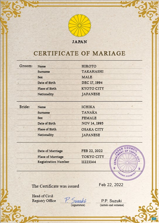 Download Japan marriage certificate PSD template Photoshop template